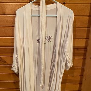 S/M white cotton lace robe with wrap for tying. WIFEY on back in a deep purple.
